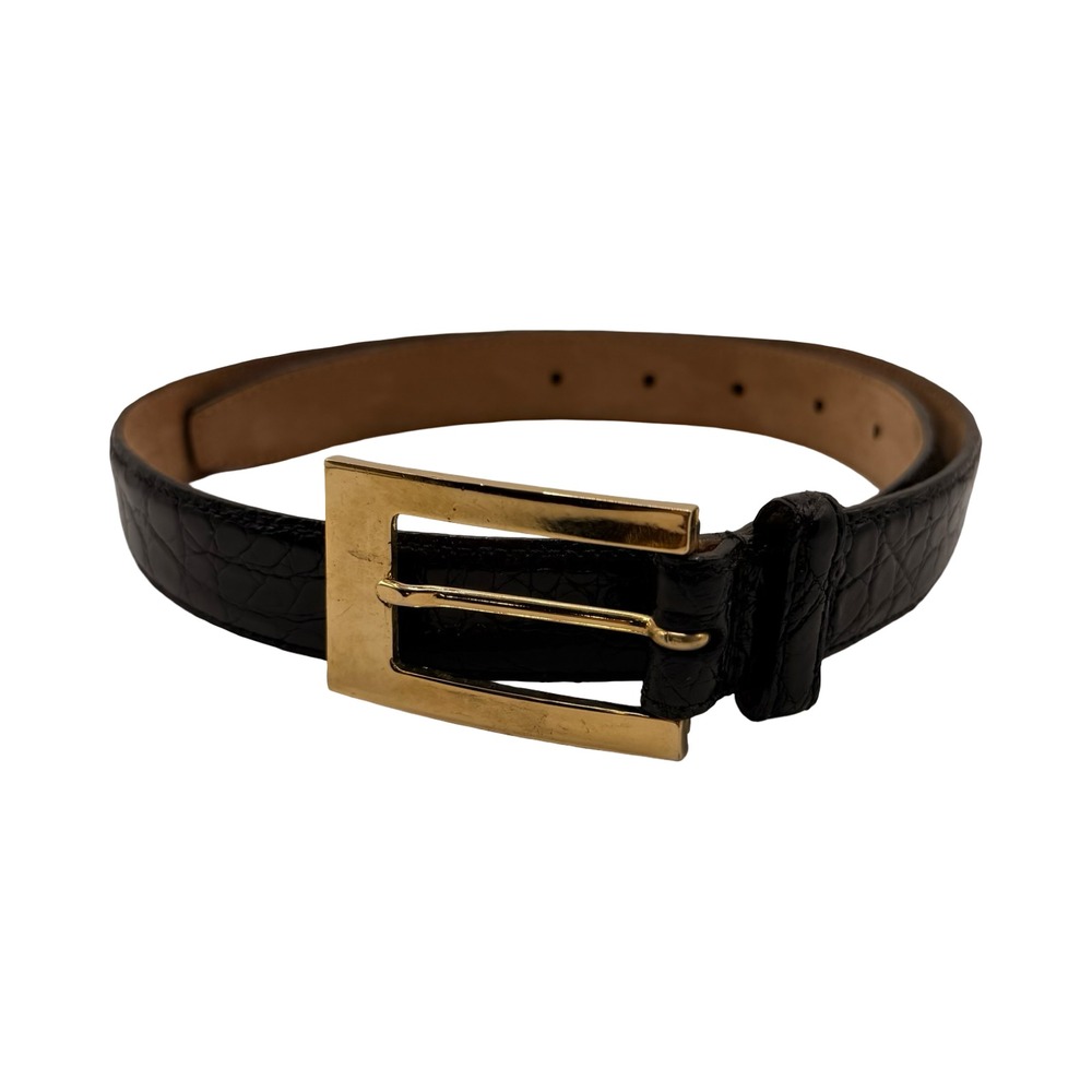 WCM New York Black Caiman Crocodile Brass Buckle Belt Womens Size M 5586 01